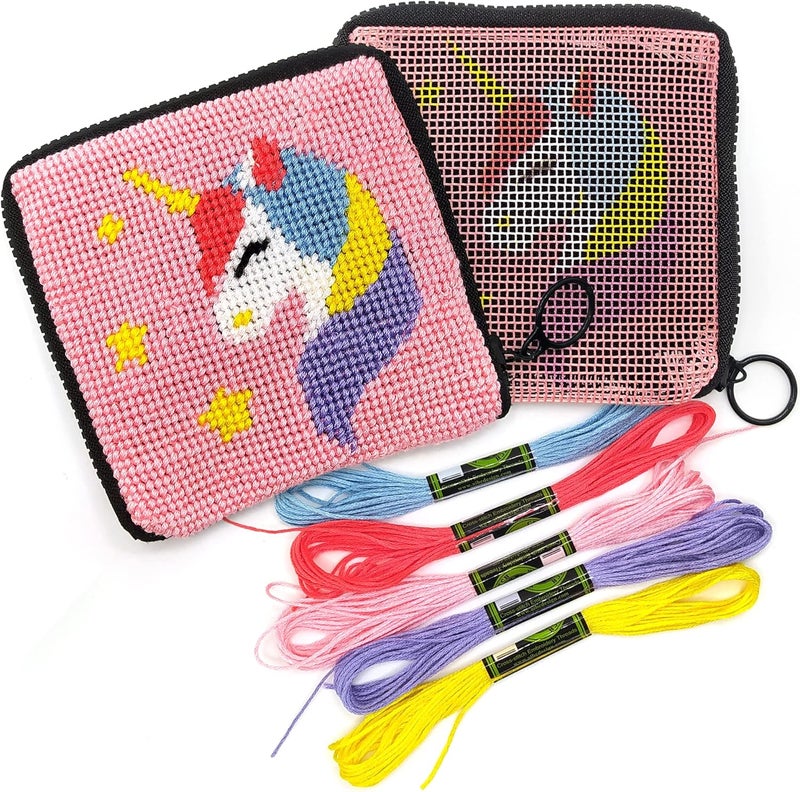 CRAFTILOO Pre Printed Needlepoint Wallet Kit for Kids Embroidery Arts and Crafts Set Cross Stitch Sewing Latch Hook Kit (Unicorn) - Image 1